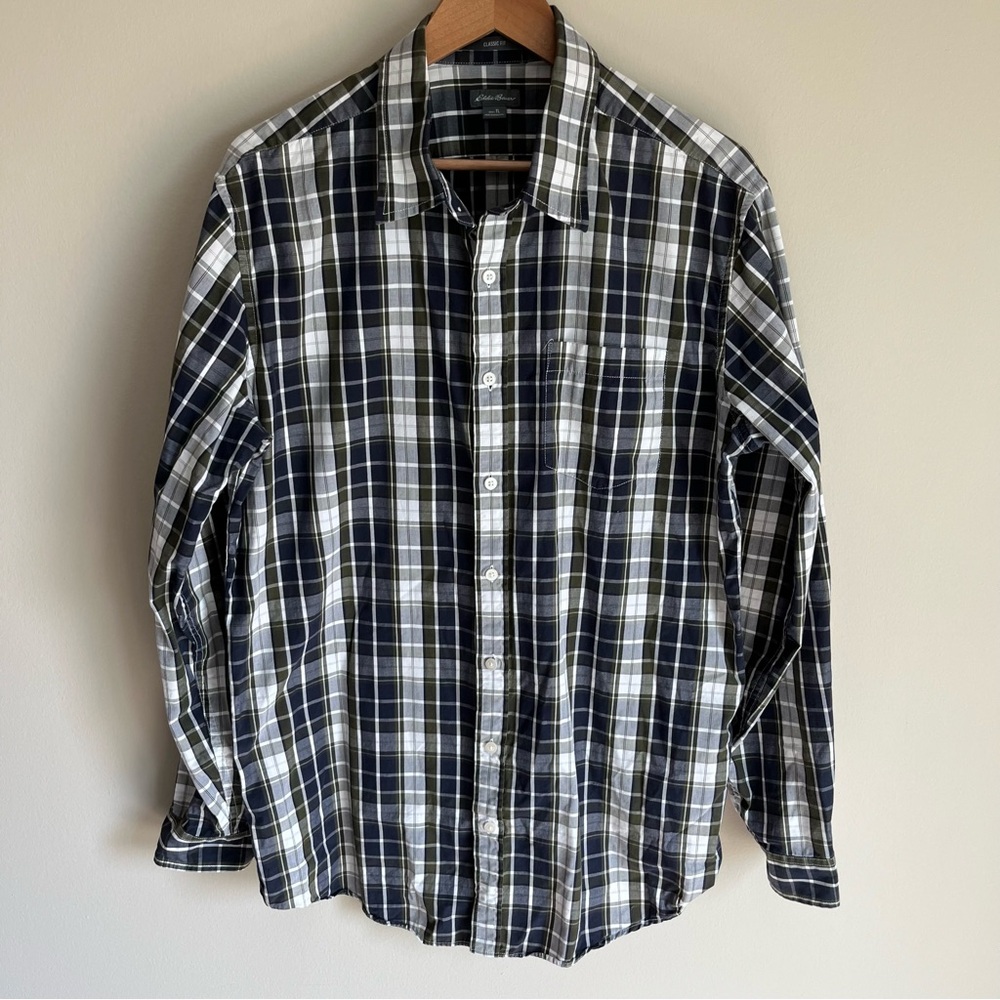 Eddie Bauer Men's Button Front Green Blue and White Plaid 100% Cotton Size LT